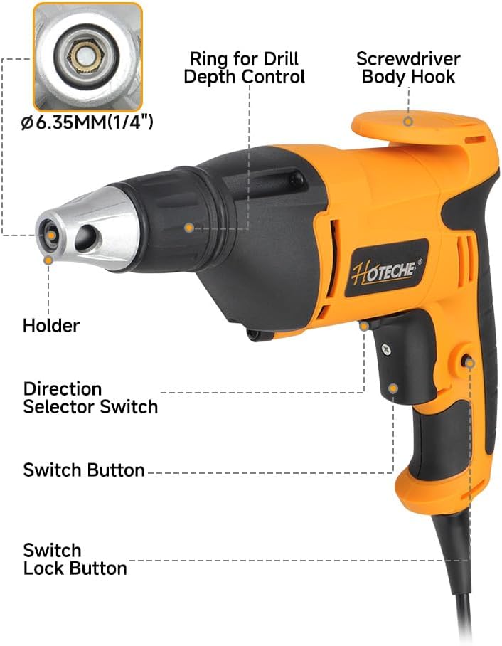 HOTECHE 4.5-Amp Drywall Screw Gun, Electric Screwdriver with Variable Speed 0-4500 RPM, 1/4" Chuck, Forward & Reverse Switch - Image 2